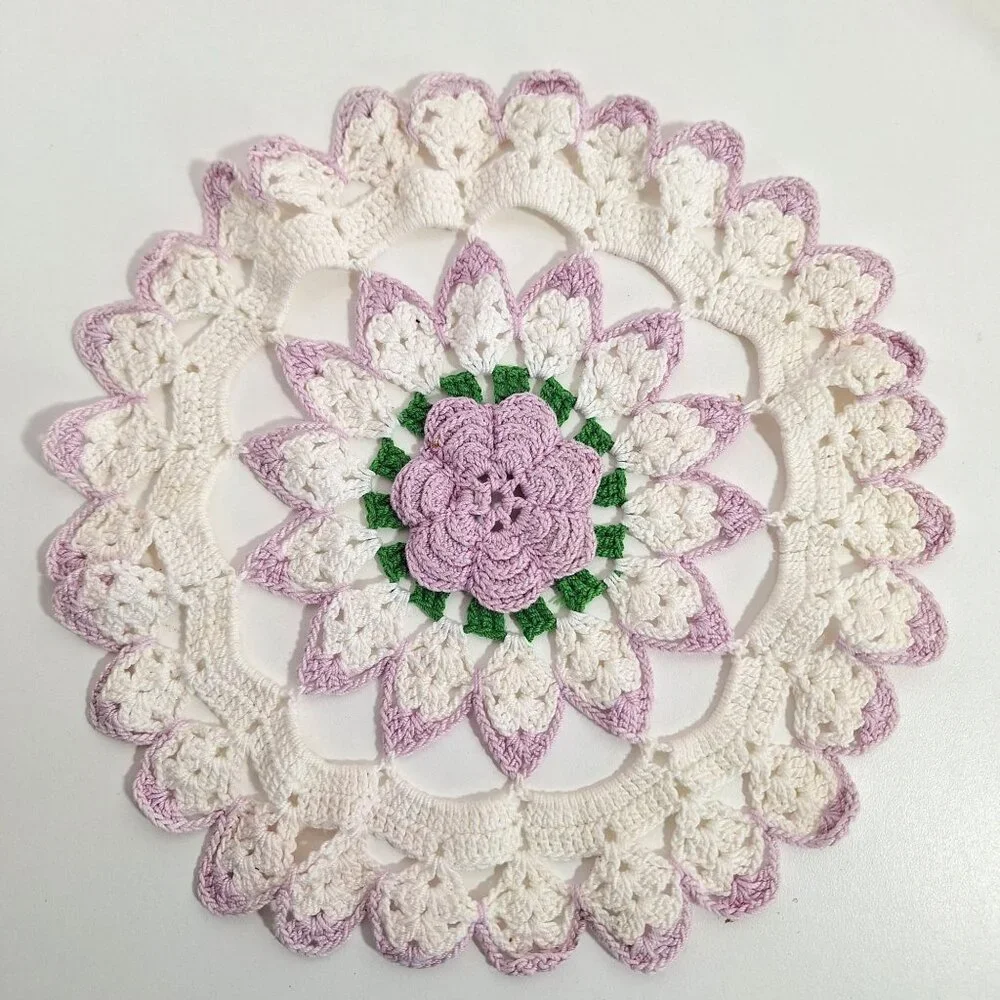 Hand Crocheted Lace Doily Flower Lavender White Green Purple Cotton 10 Inch - Picture 1 of 14